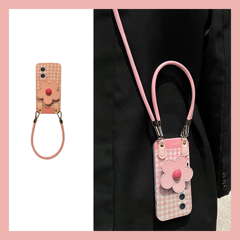ins风粉色格纹适用oppoa97手机壳a96立体a95花朵a93s支架a92斜挎a56可背带a55硅胶a58x软a57/a53/a11x/a9/a7x