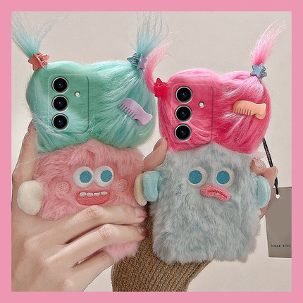 diy辫子怪兽适用三星s24plus手机壳s23+十s22立体s21fe发夹s20ultra趣味s10秋冬季s9毛绒s8硅胶note20galaxy