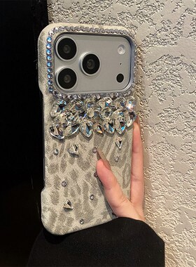 灰色豹纹适用小米红米note15pro+手机壳noto14s水钻13rpor奢华12turbo闪钻11e仿皮turbo4pro十3立体钻石软壳p