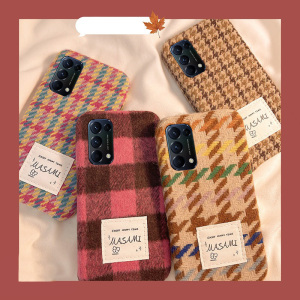 复古千鸟格格子格纹适用opporeno4手机壳reno3pro毛绒绒3元气版5k日韩5+十5g毛茸茸oppo个性网红少女秋冬小众