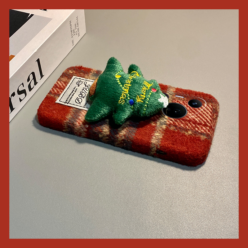 ins风红色格纹适用华为pura80pro+手机壳pura70ultra立体p60art圣诞树40por+十p30毛绒p20秋冬季p10plus绒布p