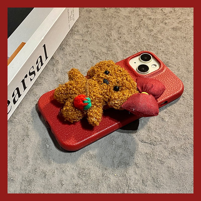 手机壳仿皮皮纹新年红色卡通毛绒