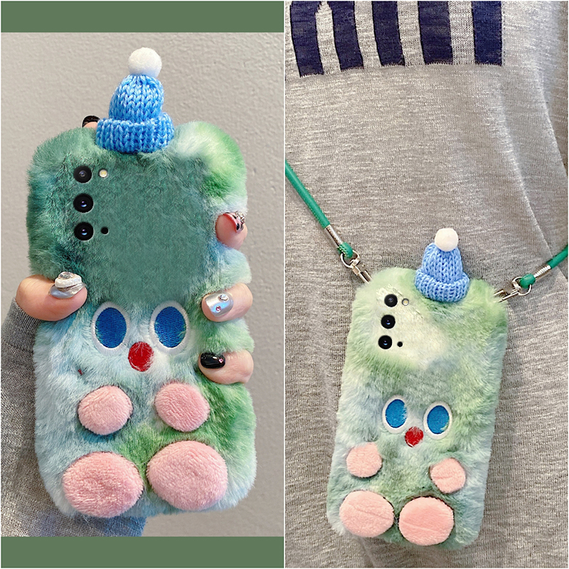 绿色帽子小怪兽适用三星a90手机壳a80斜挎a70s可背a50秋冬季a30卡通a20毛绒a10毛茸茸52/a8s/galaxy/a53/f52
