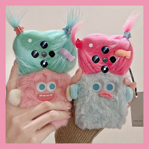 diy辫子怪兽适用oppofindx8手机壳真我x50pro立体k12x发夹x7趣味realme秋冬findx6pro毛绒ultra硅胶x5/x3/k10