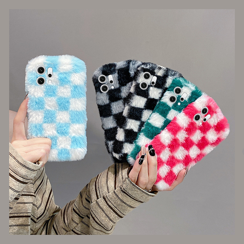 ins风拼色棋盘格适用opporeno14手机壳reon13保暖12pro撞色11秋冬季10por+十9冬天7se毛绒6毛茸茸5k/4se/oppo