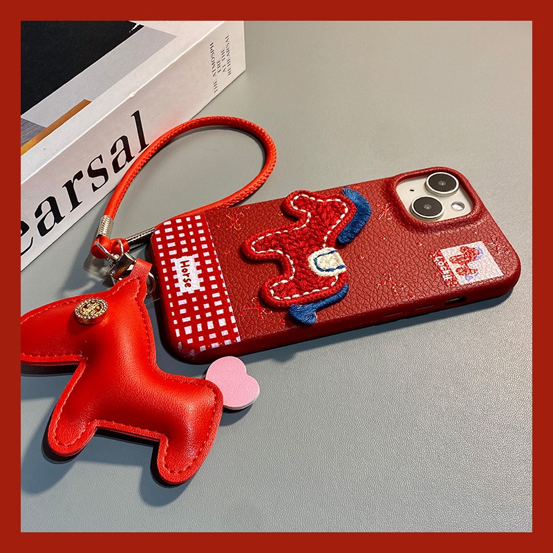 手机壳仿皮皮纹新年红色2026马年