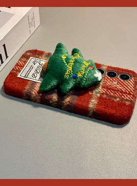 ins风红色格纹适用三星s25edge手机壳s24plus立体s23+十s22圣诞树s21fe毛绒s20ultra秋冬季s10软s9/s8/note20