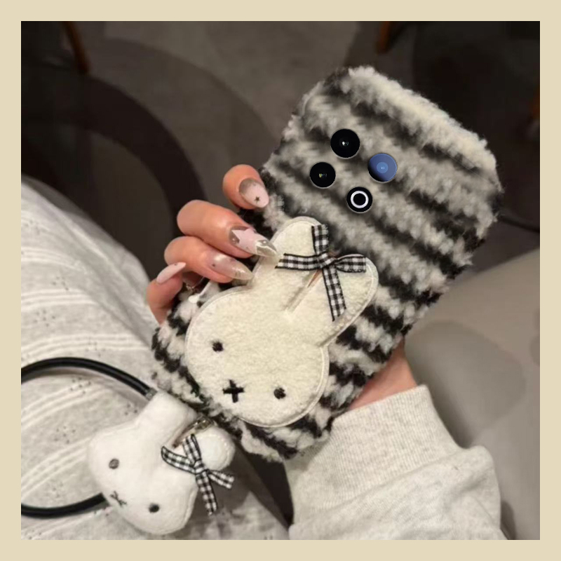 条纹刺绣米菲兔适用vivoiqooz10x手机壳iqooz9turbo兔子z8x立体z7i秋冬z6x毛绒z5挂绳u5x爱酷u3x软iq00/vivo