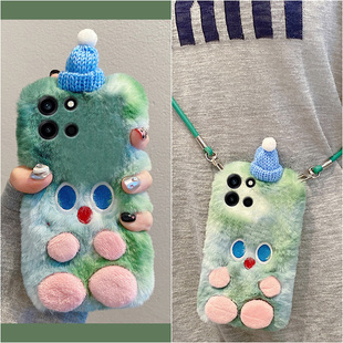 绿色帽子小怪兽适用oppo一加turbo6手机壳turbo6v斜挎六可背1+oneplus秋冬季硅胶卡通毛绒绒全包防摔斜跨可爱