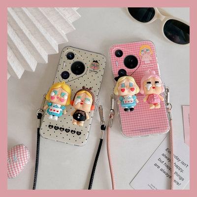 波点格子哭娃适用华为pura80pro+手机壳pura70ultra爱丽丝p60art立体p40por+十p30背夹p20斜挎p10plus可背带p