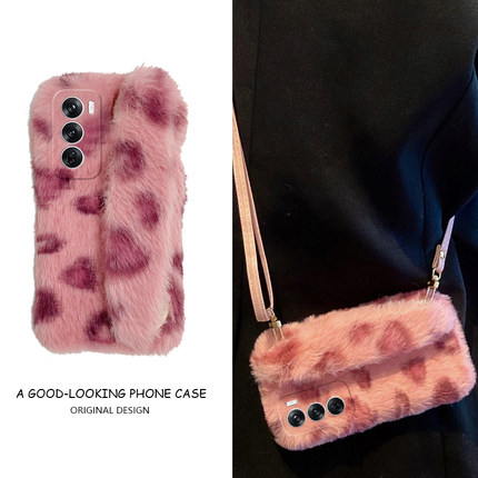 豹纹毛绒绒适用opporeno12pro手机壳reno11斜挎reon10+十9可背带8腕带7se日韩6斜跨5k硅胶4se毛毛3秋冬季oppo