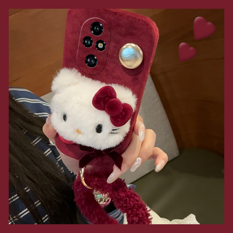 酒红色凯蒂猫适用华为荣耀200lite手机壳honor100pro立体90gt珍珠80手环70秋冬季60se毛绒v40i+x50十x40i硅胶