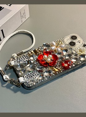 ins风满屏水钻珍珠适用三星a90手机壳a80红色a70s花朵a50立体a30挂绳a20轻奢a10宝石a52软a8s/galaxy/a53/f52