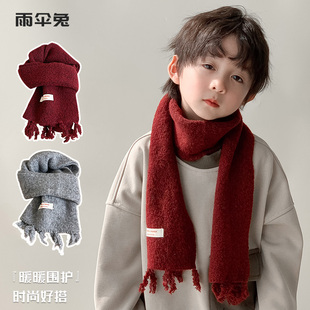 安可拉红儿童围巾秋冬天保暖宝宝贴标纯色围脖男女童羊绒针织脖套