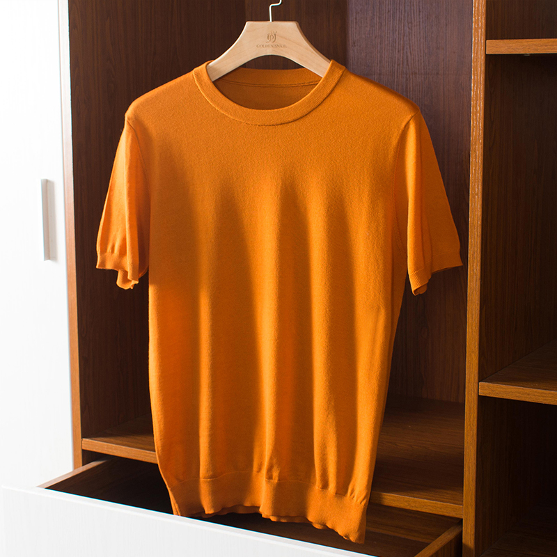 套头薄款丝光羊毛t恤短袖针织衫