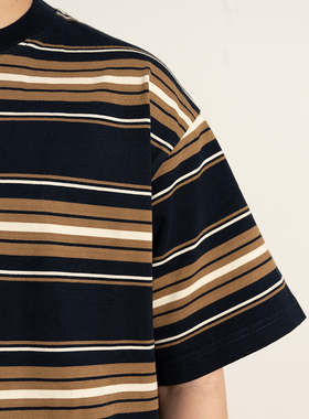 GWDS 定织双色复古撞色条纹300g重磅宽松日系小领口短袖TEE