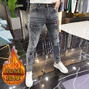 高端烫钻印花牛仔裤男潮牌弹力修身加绒小脚裤冬季新款休闲长裤子