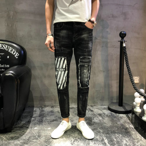 网红同款牛仔裤男士潮牌2024春秋季破洞韩版潮流修身小脚长裤子男