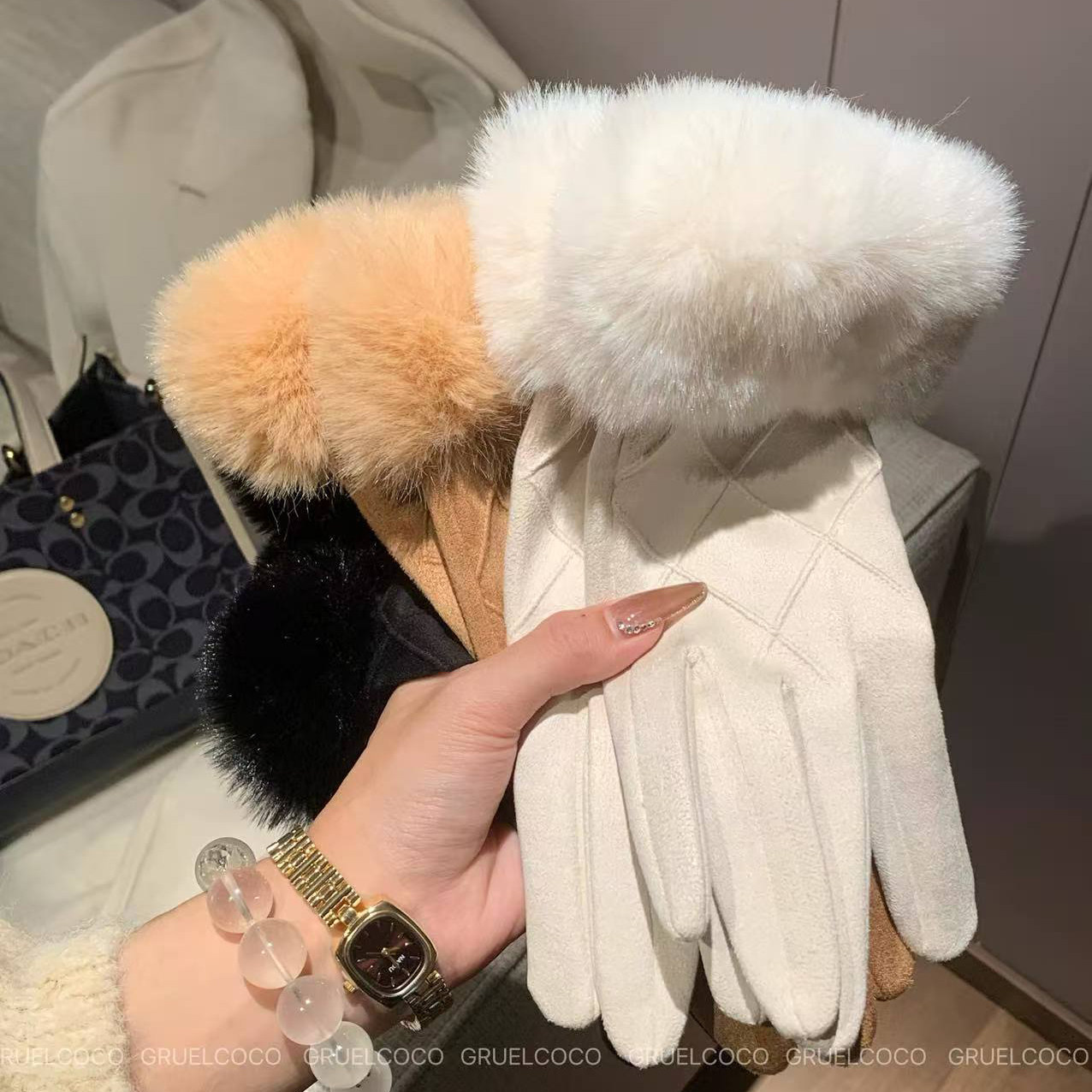 千金风高级感德绒毛绒手套