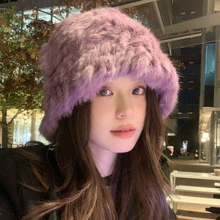 熏衣紫兔毛渔夫帽毛线帽子女款冬季加厚保暖护耳毛绒帽显脸小盆帽