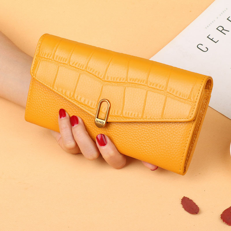头层牛皮钱包女士长款两折钱夹搭扣多卡位皮夹子2024新款
