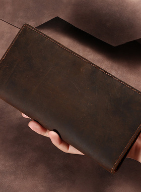 复古疯马皮长款钱包男士真皮三折钱夹多功能商务头层牛皮手拿包男