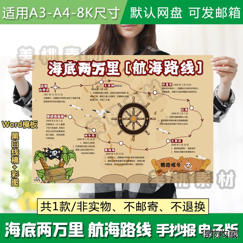 海底两万里航海路线手抄报学生黑白线稿电子版小吧模板word