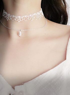 小红书白色蕾丝花珍珠水滴吊坠项圈颈链Choker锁骨链双层项链女