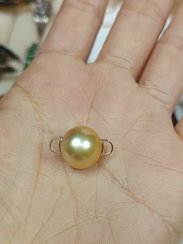 3630-18K金天然海水金珠双耳扣，卡12-13，近正圆，浓金，证书