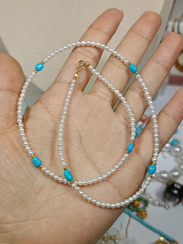 3530-18K卡2.5-3天然珍珠3.5-4天然原矿玉化暴力蓝绿松项链，41cm