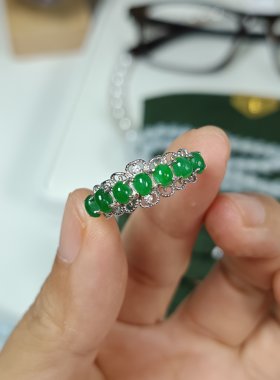 3442-缅A翡翠绿蛋面戒指，银，活口，证书