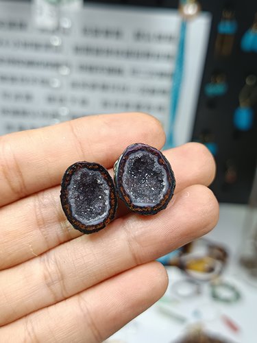 4025-M墨西哥天然晶洞聚宝盆耳环，银