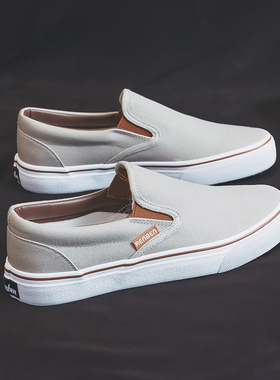 人本浅灰色帆布鞋男一脚蹬懒人鞋低帮套脚老北京透气百搭休闲板鞋