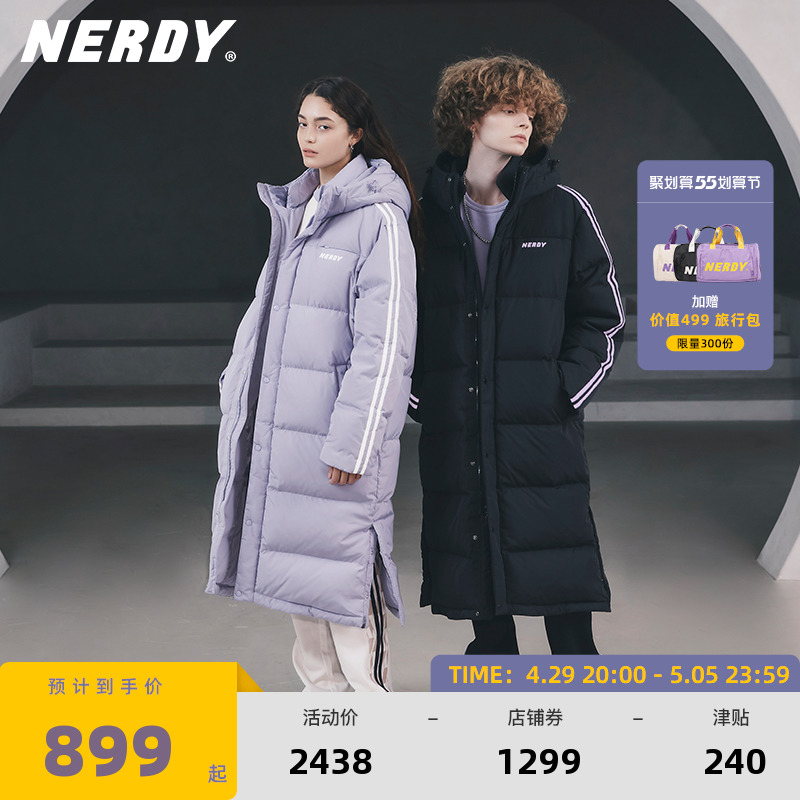 NERDY羽绒服韩国潮牌21年冬新款长款连帽女情侣宽松鸭绒加厚外套