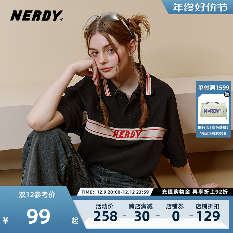 NERDY2023夏季新品撞色提花织带polo领短袖情侣装男女同款T恤上衣