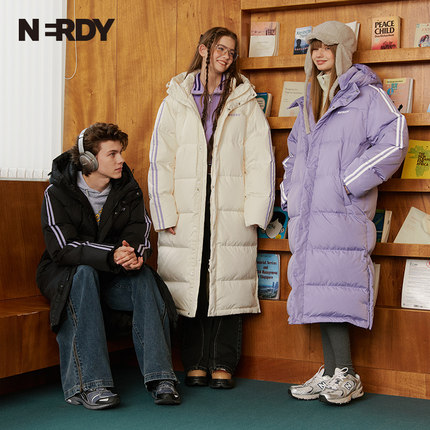 NERDY2024冬季新品经典NY双杠情侣同款保暖连帽中长款羽绒服女潮