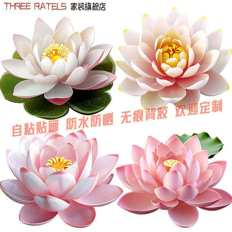 粉色莲花白莲荷花3d贴画餐厅门窗墙壁装饰画马桶贴除秽佛堂自贴纸