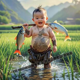 快乐童年萌娃田间抓鱼贴纸客厅卧室墙面装饰贴纸衣柜床头贴自粘