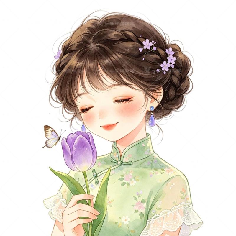 旗袍郁金香古风少女车身贴纸防水出租屋床头墙贴旅行箱贴门贴