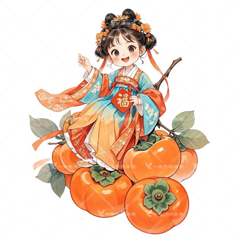 Q版汉服少女柿柿如意冰箱贴纸家居装饰玻璃门贴画电动车贴花墙贴