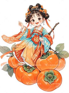 Q版汉服少女柿柿如意冰箱贴纸家居装饰玻璃门贴画电动车贴花墙贴