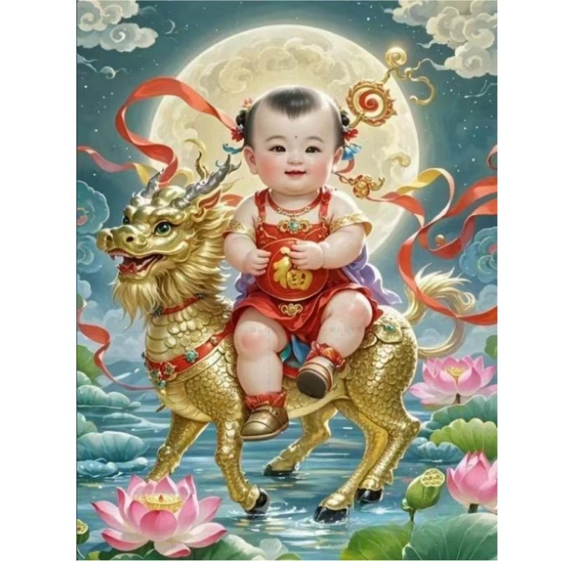 麒麟送子贴画新款童子贴画新年装饰画中式吉祥好运自贴床头贴纸图片