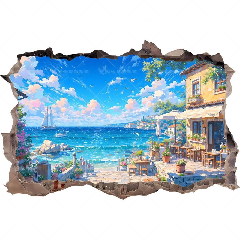 3D破墙海边小镇海景咖啡馆墙贴画卧室清新防水自粘贴纸冰箱贴
