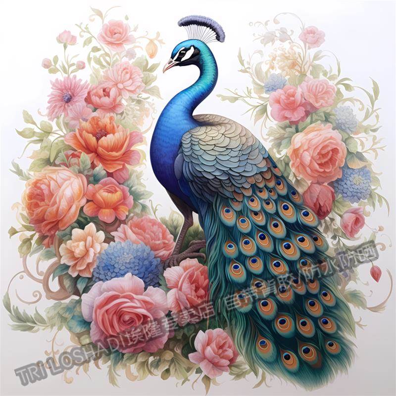 精美艺术孔雀开屏牡丹贴画家居墙面富贵吉祥装饰贴画汽车冰箱贴纸图片