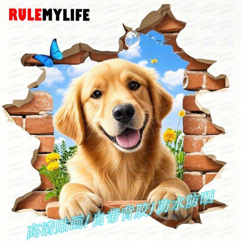 可爱金毛狗狗动物图案3d立体墙贴门贴床边儿童房幼儿园装饰自粘贴
