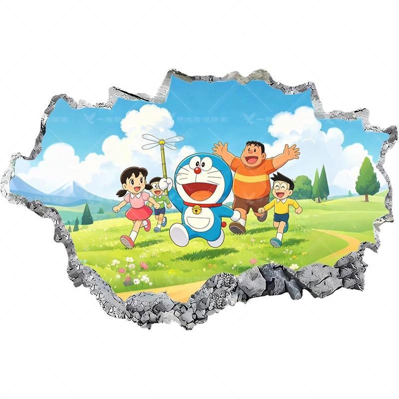 哆啦A梦全员草地3D破墙墙贴画电动车贴纸卧室客厅墙面冰箱装饰贴