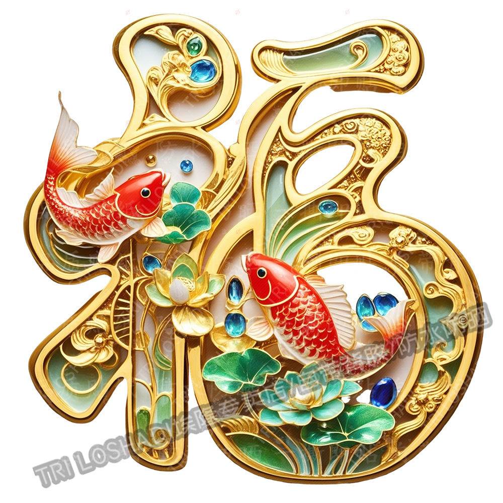 创意荷花锦鲤好运福字贴画客厅玄关双开门送福吉祥贴画防水自粘贴图片