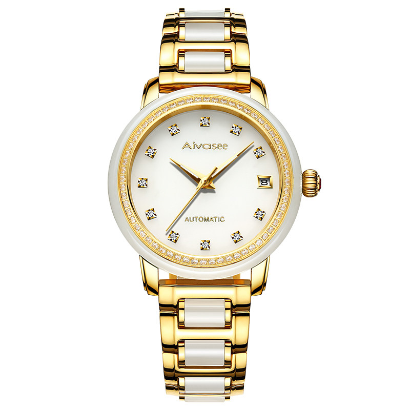 瑞士机芯手表女款机械表玉石翡翠复古金色女表防水钻夜光女士腕表