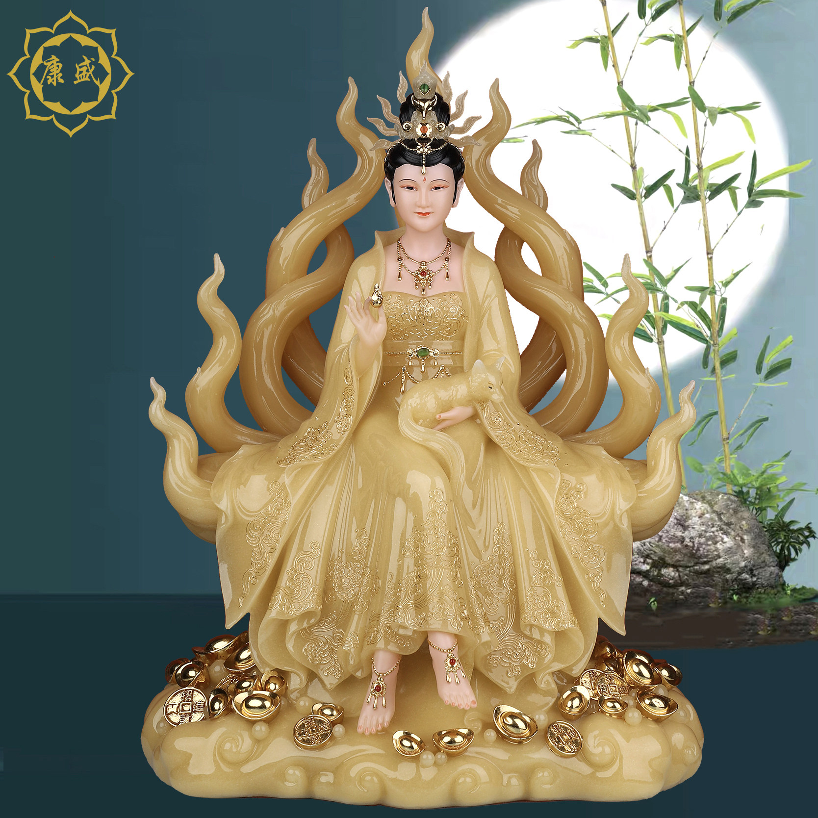 九尾狐娘娘神像汉白玉九姑娘聚财家用供奉客厅中式摆件狐家像