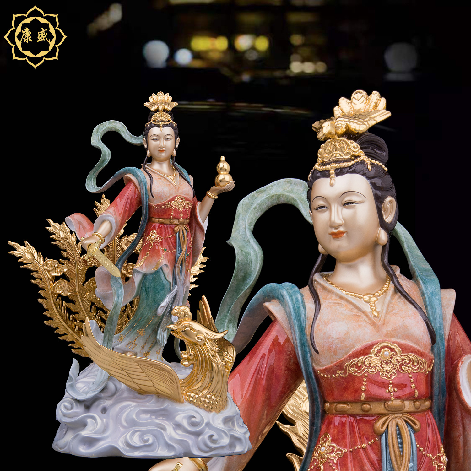 九天玄女神像台湾铜珐琅彩掐丝踏凤九天圣母娘娘女战神供奉摆件